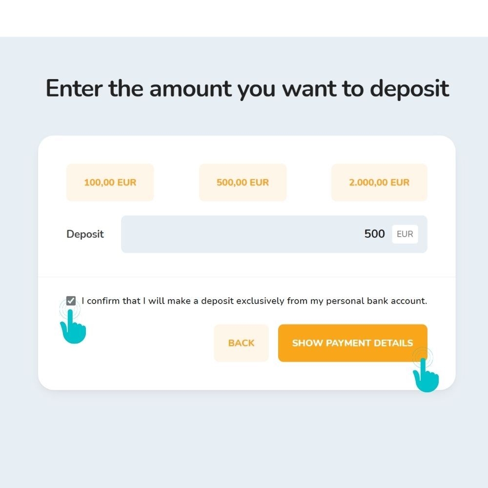 The window for fiat amount deposit on the Bitcoin Store platform.