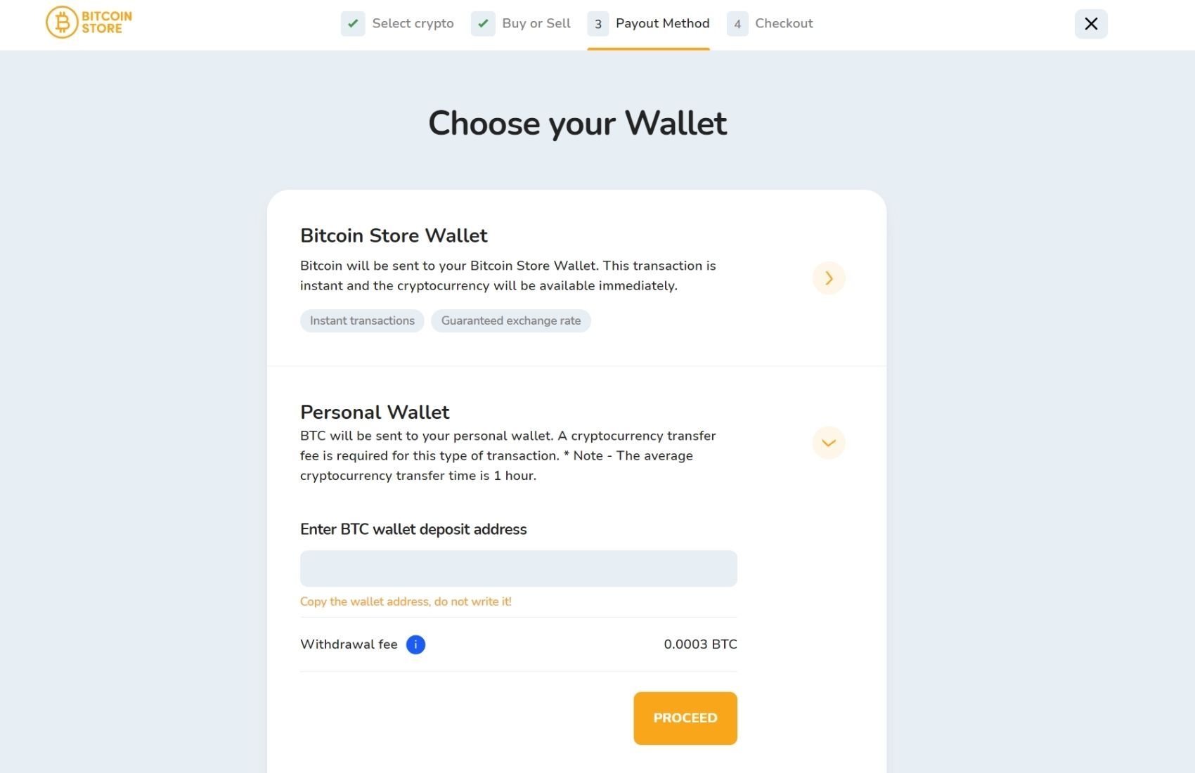 The window for selecting the Wallet as payout method on the Bitcoin Store platform.