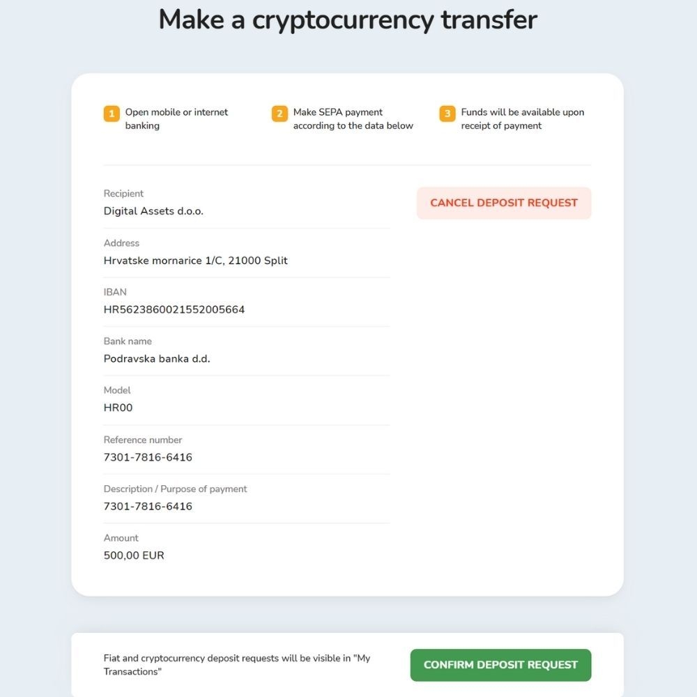 The payment details for making a SEPA transfer on the Bitcoin Store platform.