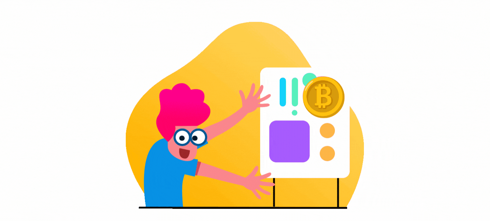 The animated vector GIF with illustrated character pointing the board with charts and Bitcoin.