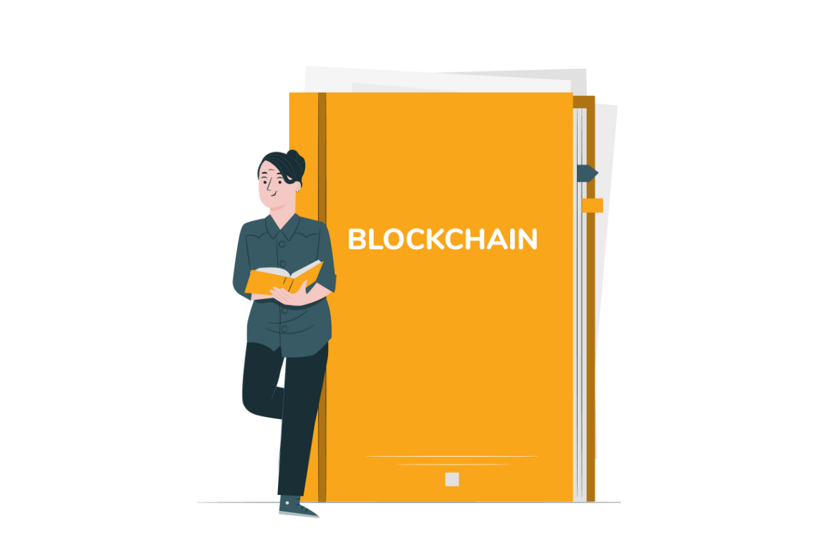 Ilustracija prikazuje narančastu knjigu s naslovom blockchain.