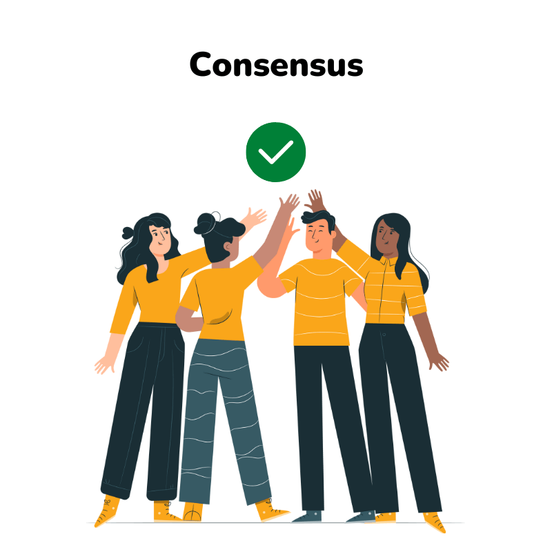 The illustration shows a group of people reaching a consensus.