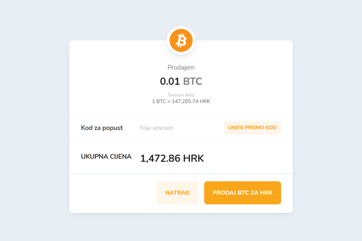 Potvrda prodaje kriptovaluta putem Bitcoin Store Walleta.