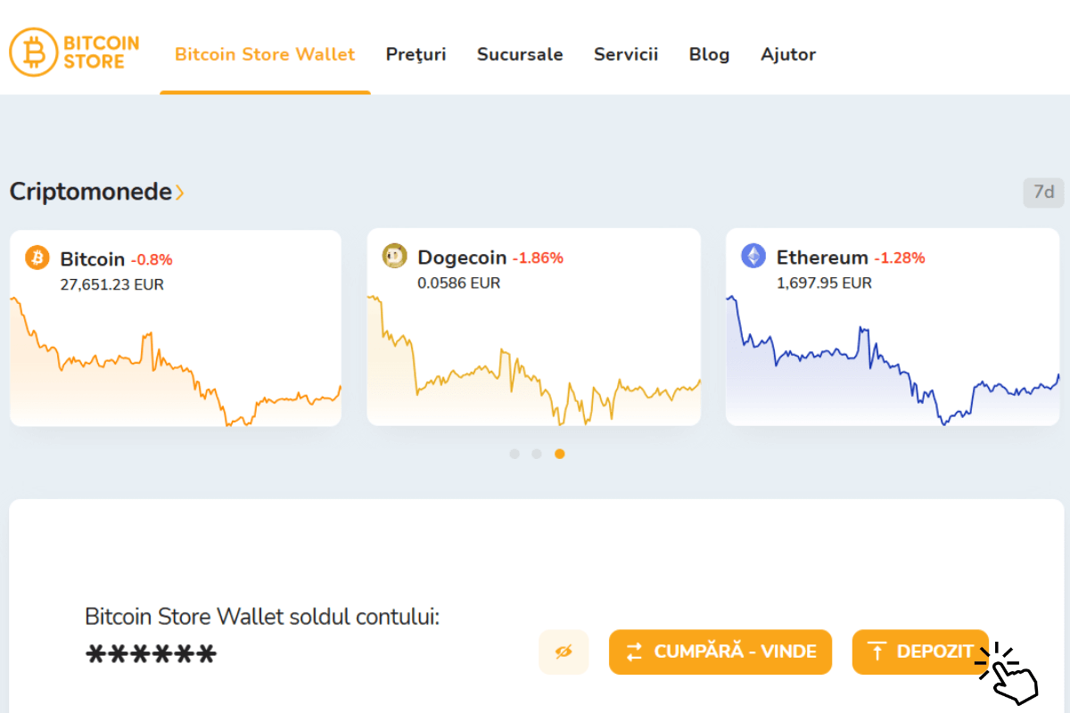 Imaginea arată ecranul de start al Bitcoin Store Wallet, un portofel digital gratuit pentru cumpărarea, vânzarea și stocarea criptomonedelor.