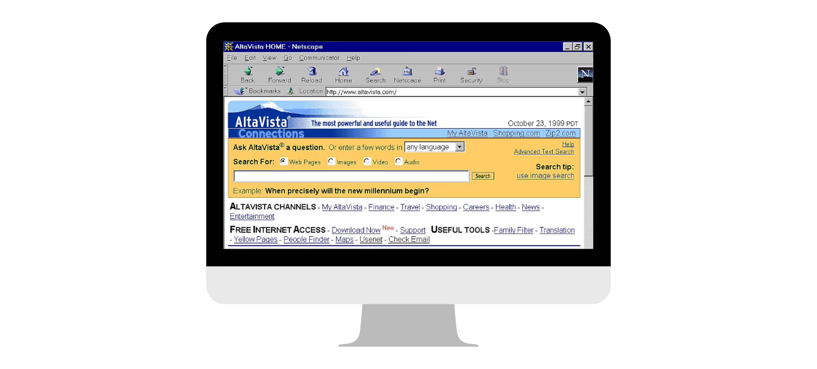 Monitor cu o pagină web de primă generație (Web 1.0).