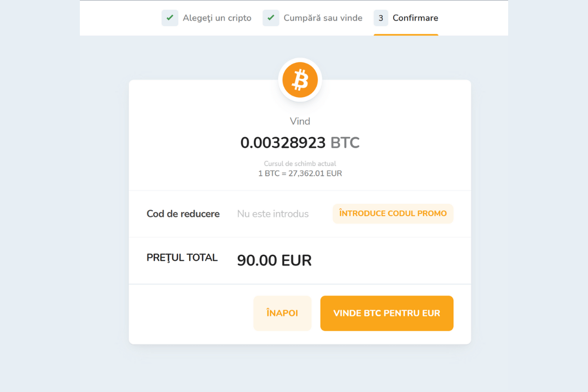 Confirmarea vânzării criptomonedelor prin intermediul portofelului digital Bitcoin Store Wallet.