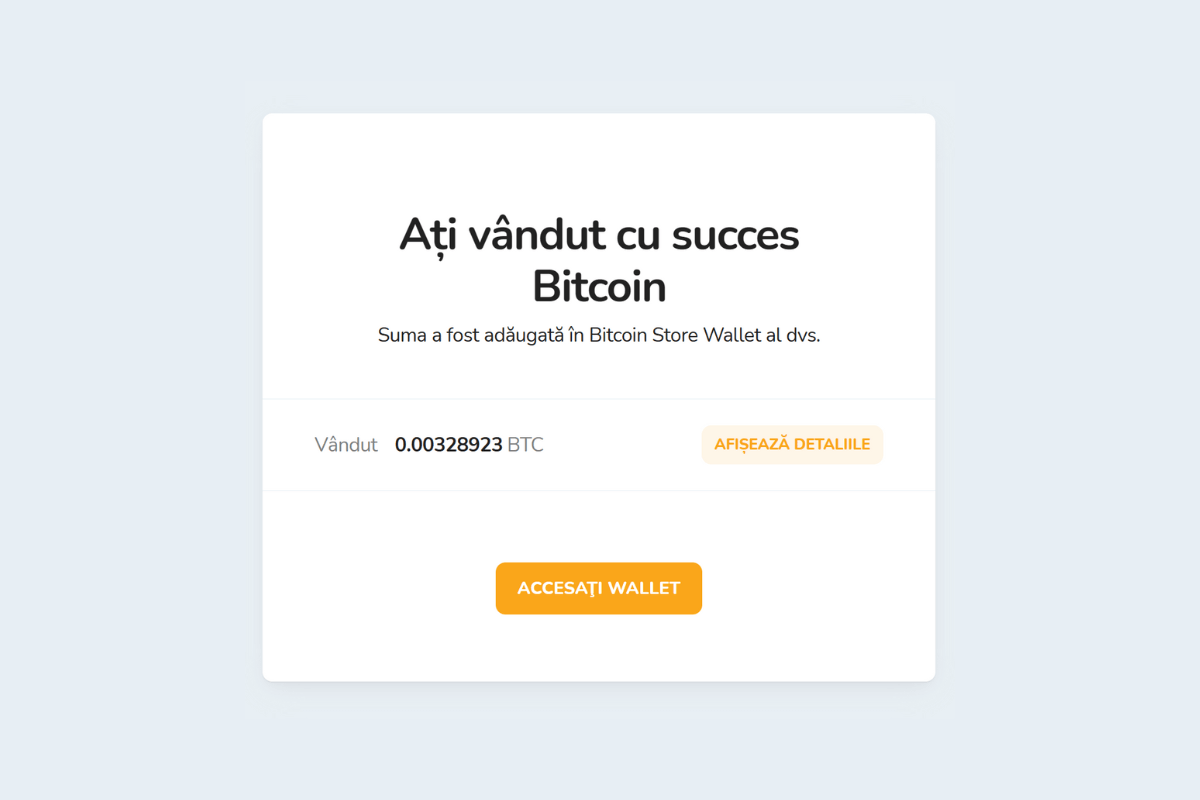 Notificare privind vânzarea cu succes a Bitcoin (BTC) pe platforma de schimb criptomonede Bitcoin Store.