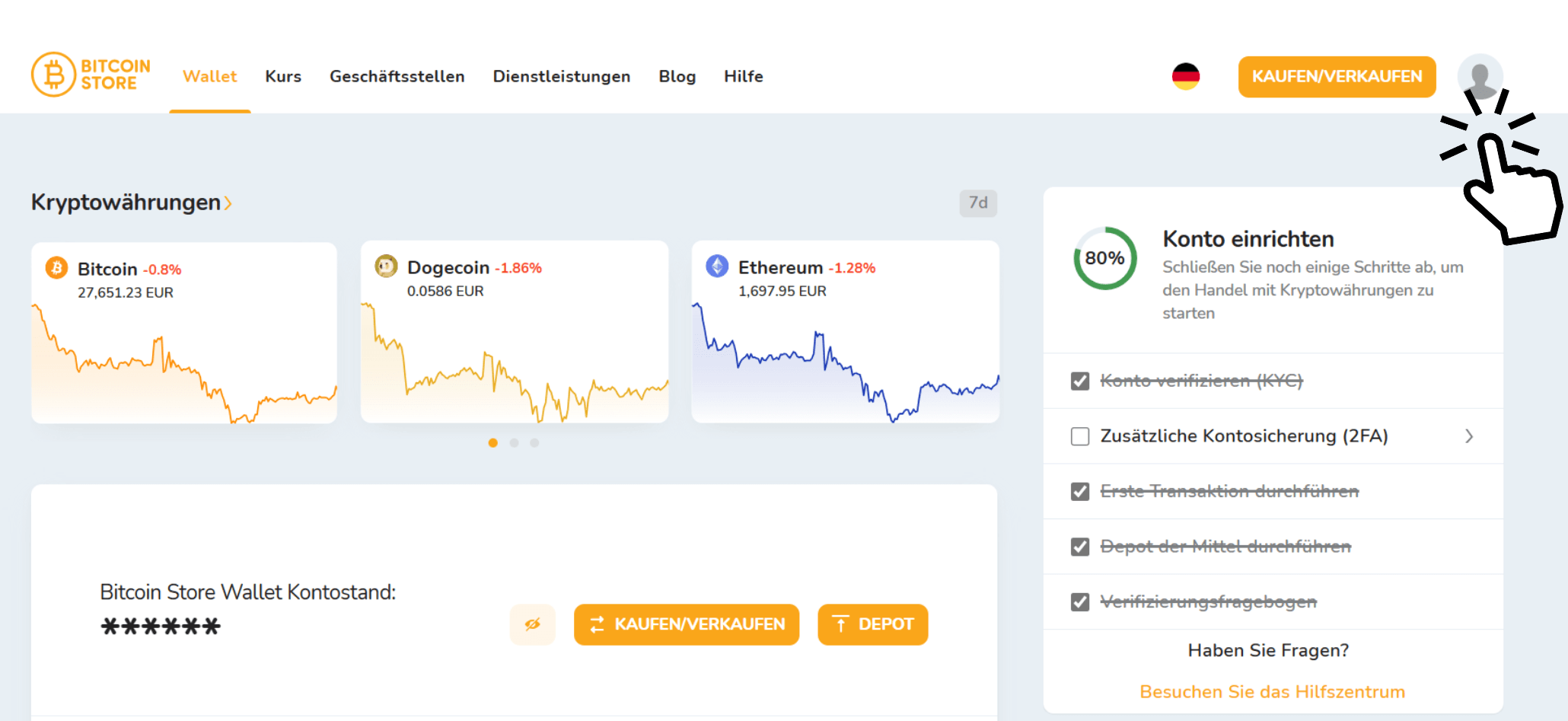 Ein Screenshot der Bitcoin Store Wallet-App zeigt, wie man beim Handel mit Kryptowährungen geringere Gebühren zahlt.