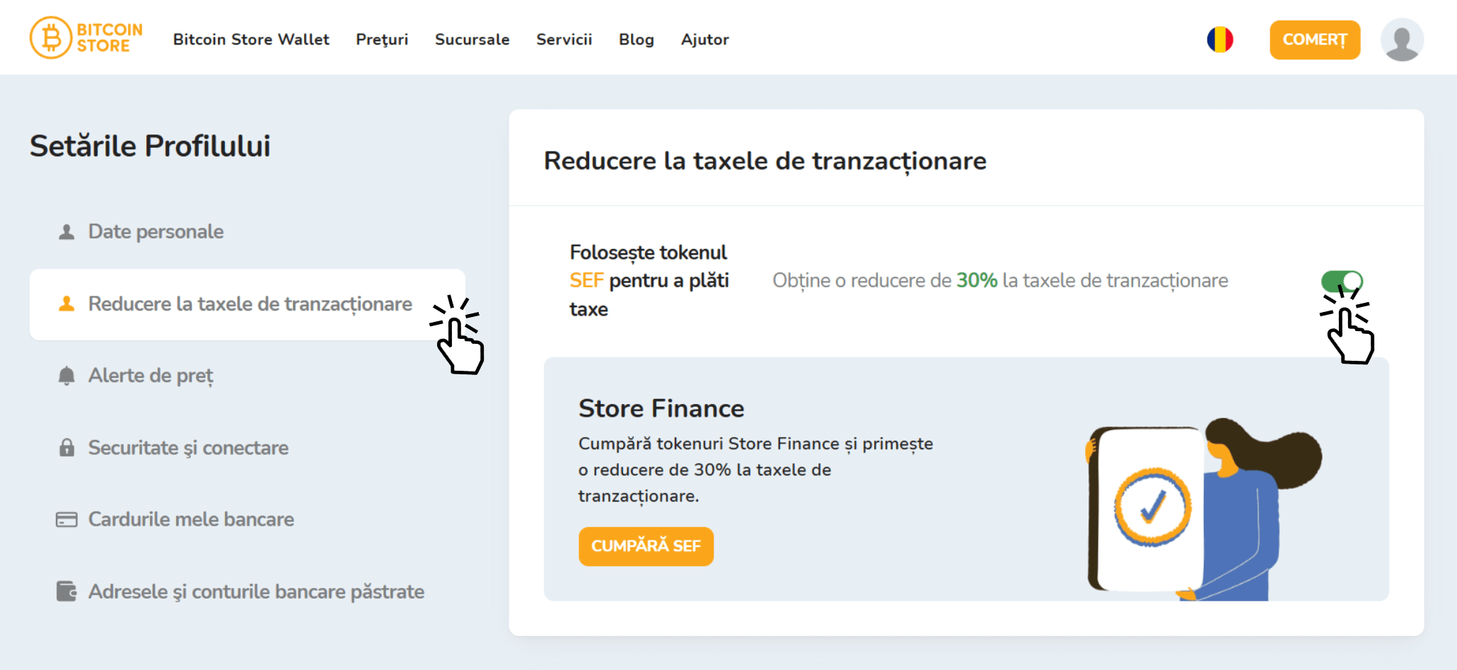 Captura de ecran a aplicației Bitcoin Store Wallet arată cum să activați funcția pentru a plăti cu 30% mai puțin taxele de tranzacționare cu criptomonede.