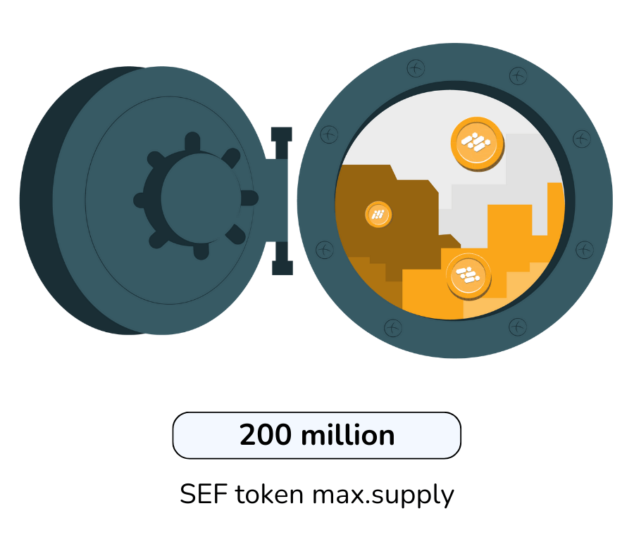 The illustration shows a vault that symbolizes the maximum supply of the Store Finance (SEF) token.