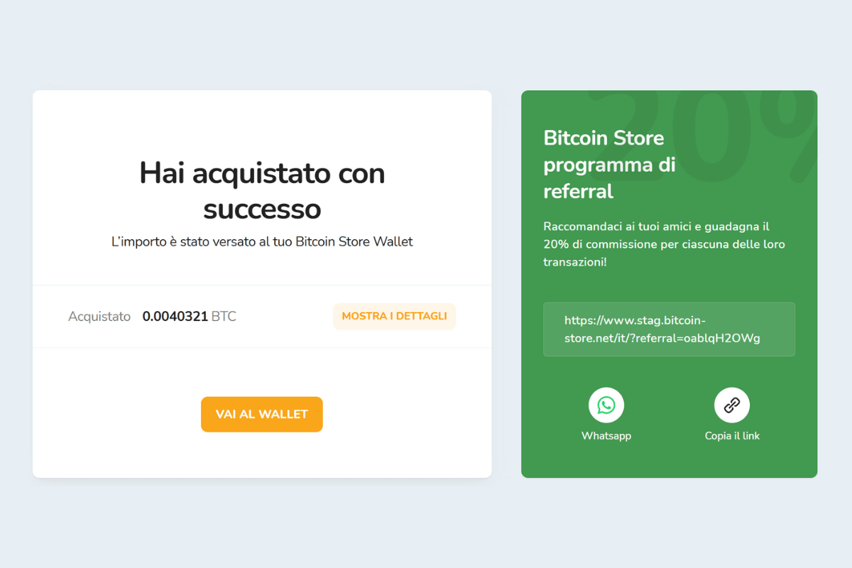 Acquisto riuscito della prima criptovaluta sulla piattaforma Bitcoin Store.