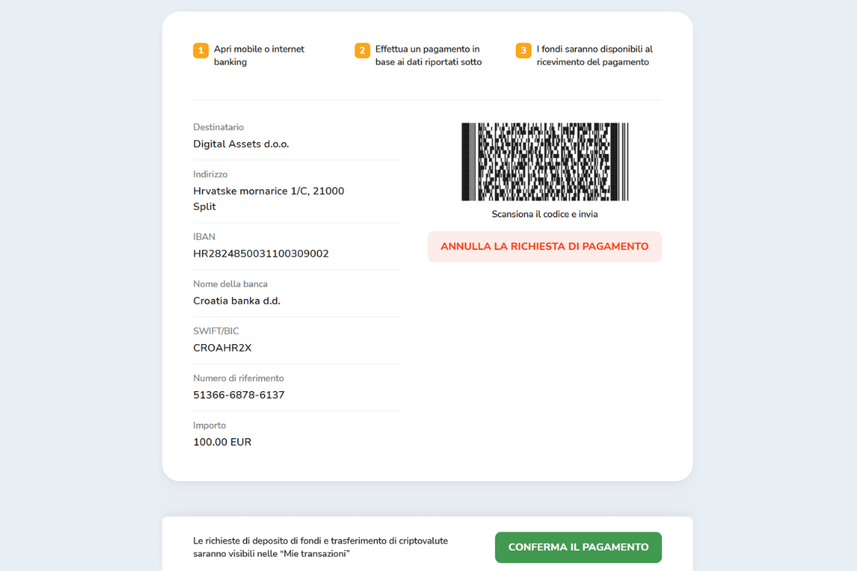 Finestra con i dati per il deposito di fondi sulla piattaforma Bitcoin Store.