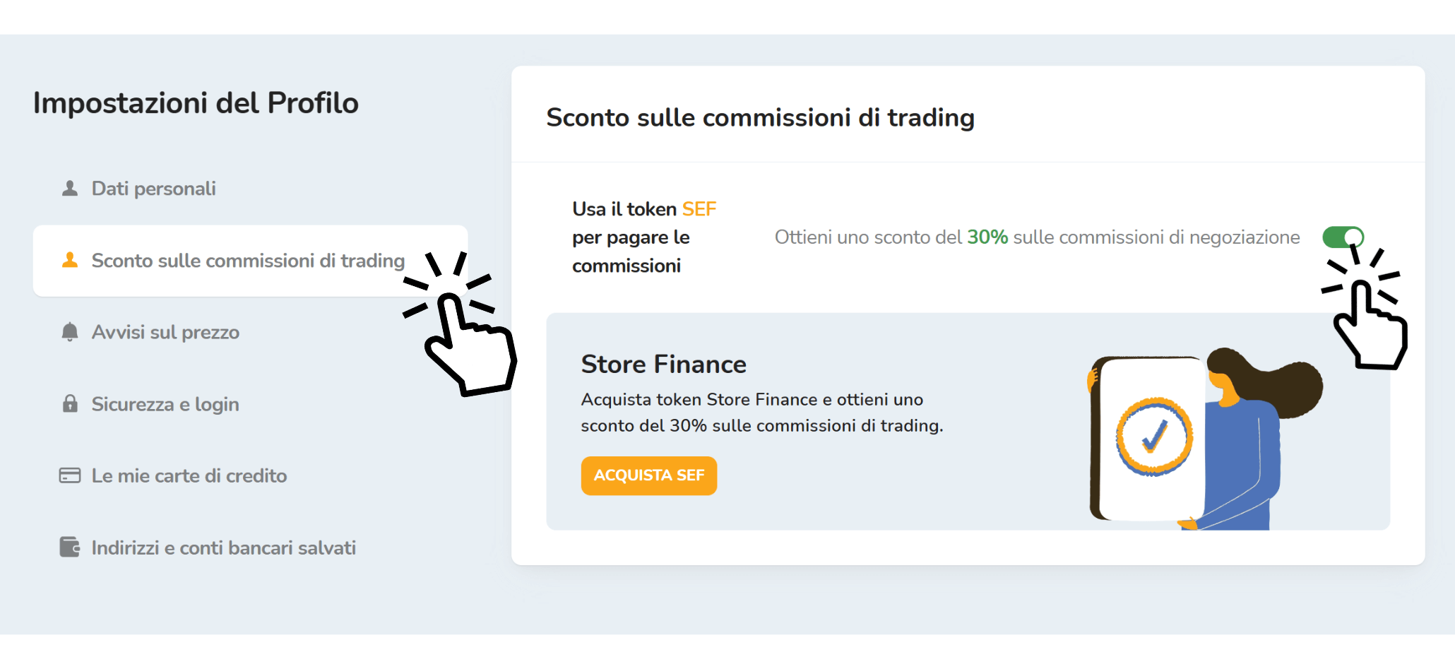 Lo screenshot del portafoglio Bitcoin Store mostra come attivare l'opzione per pagare il 30% in meno di commissioni di trading di criptovaluta.