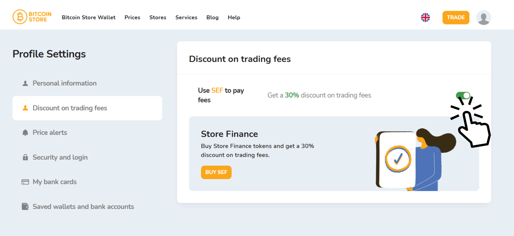 Snímek obrazovky aplikace Bitcoin Store Wallet ukazuje, jak aktivovat funkci pro platbu o 30 % nižších poplatků za obchodování s kryptoměnami.