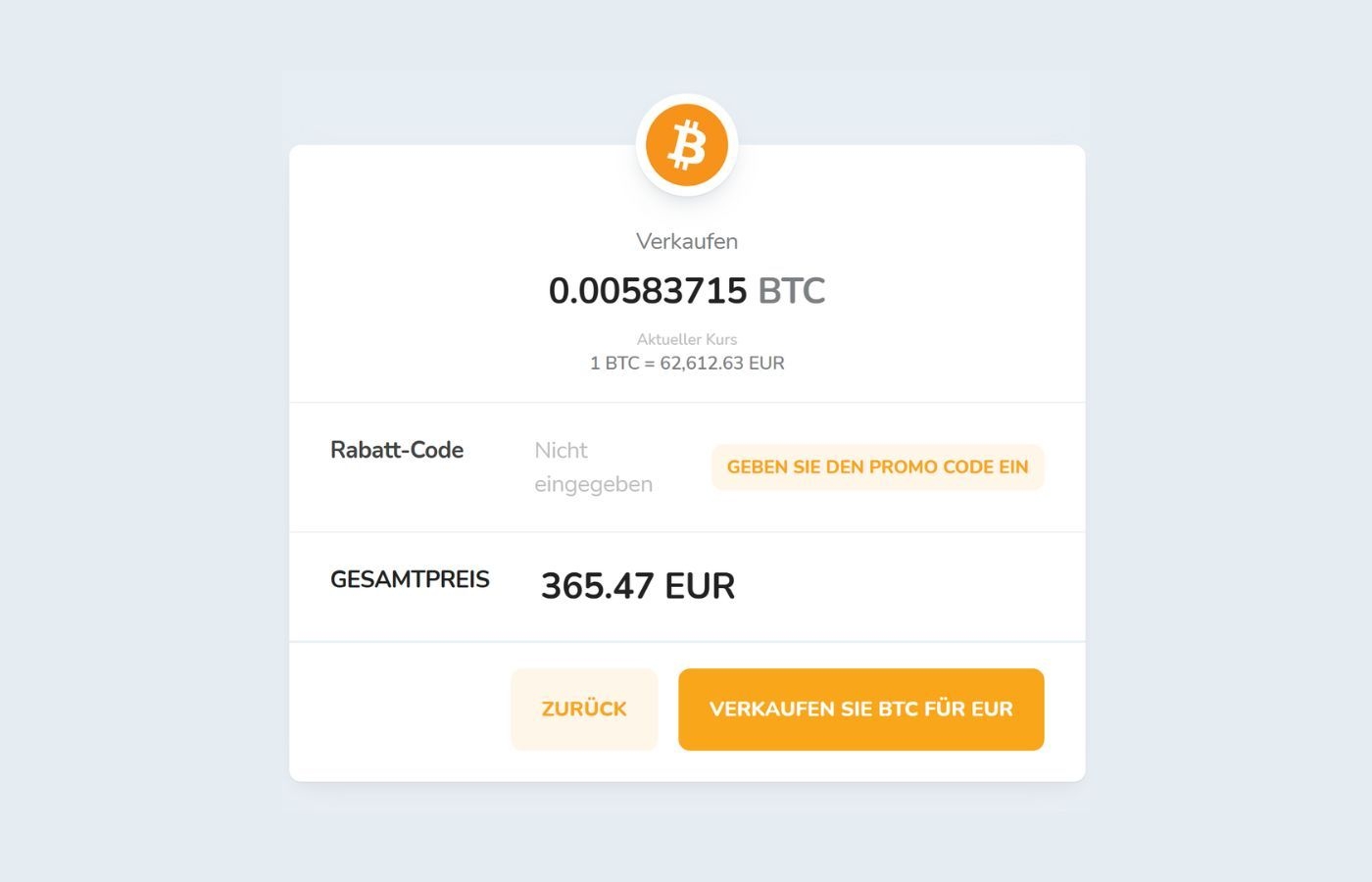 Bestätigung des Verkaufs von Kryptowährungen über das Bitcoin Store Wallet.