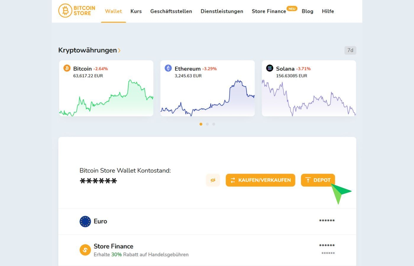 Screenshot des Startbildschirms des Bitcoin Store Wallets, ein kostenloser digitaler Geldbeutel zum Kaufen, Verkaufen und Aufbewahren von Kryptowährungen.