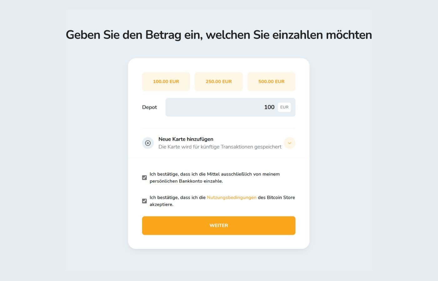Eingabe des Einzahlungsbetrags in Euro auf Ihr eigenes Bitcoin Store Konto.