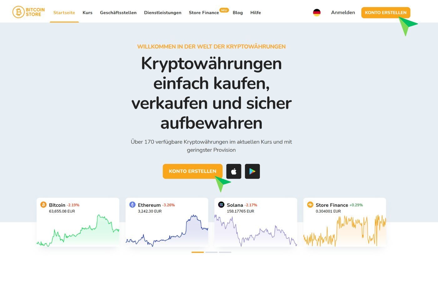 Auf dem Startbildschirm der Bitcoin Store Krypto-Börse können Sie Bitcoin und andere Kryptowährungen kaufen.