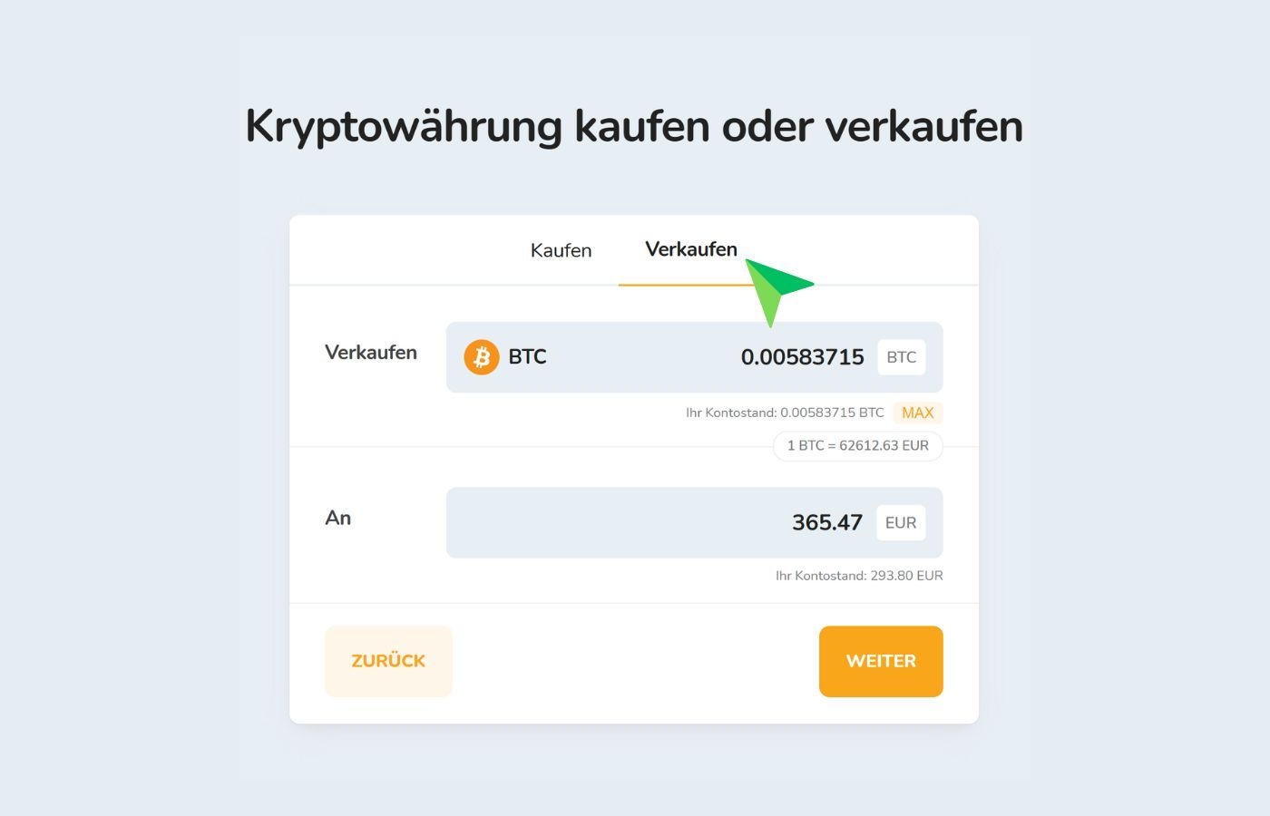 Verkauf von Kryptowährungen für einen Betrag in Euro (EUR).